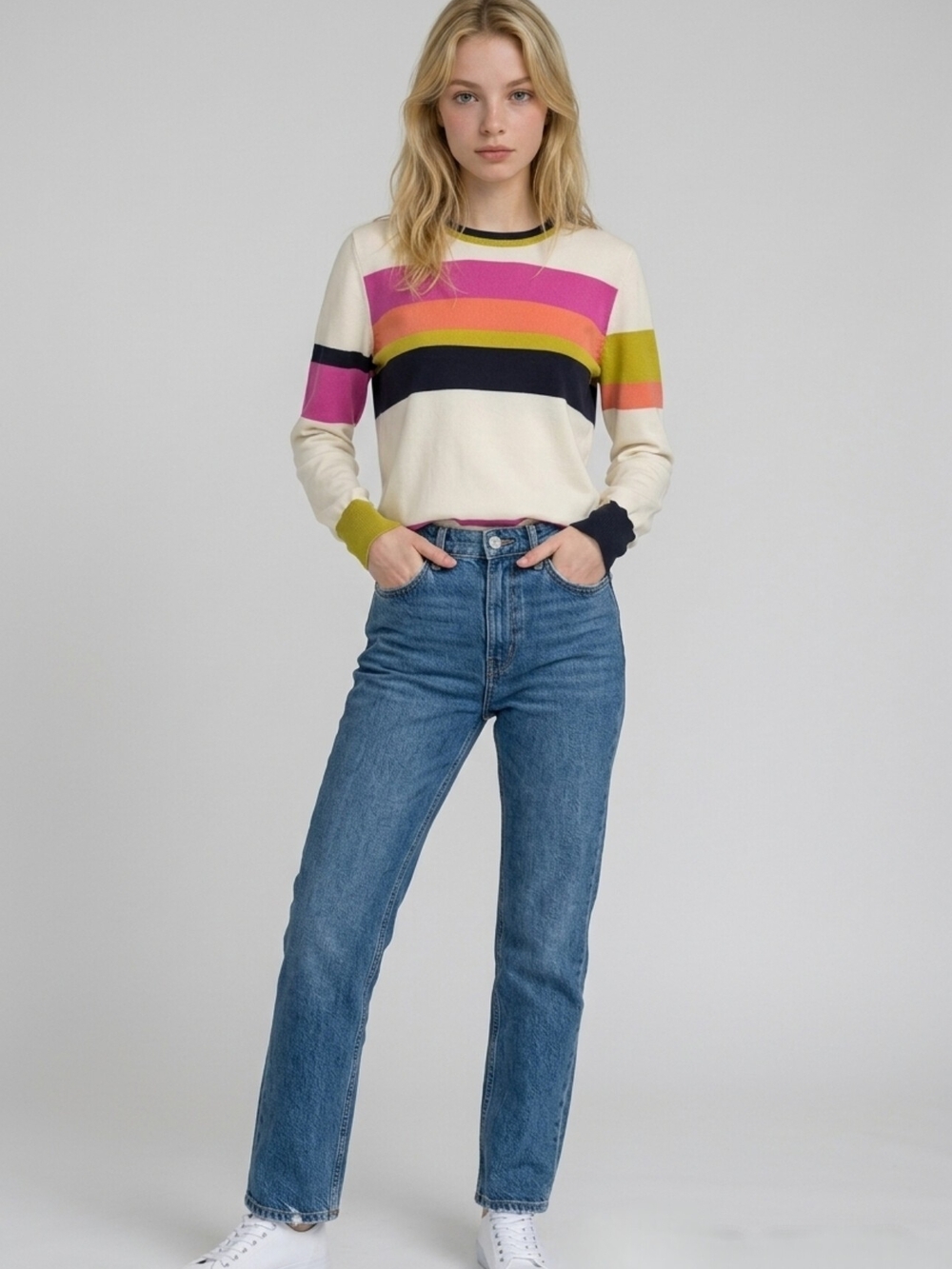 Trina Turk 100% Merino Wool Colorblock Striped Pullover Sweater | Women's L
